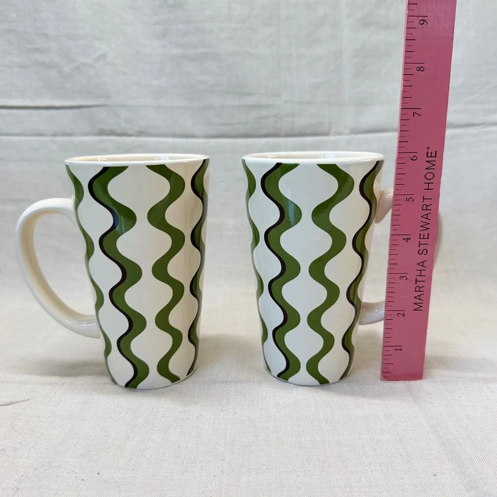 Pier 1 Wavy Mod Ironstone Coffee Mugs Green Brown Cream Set of 2 Retro Style Y2K